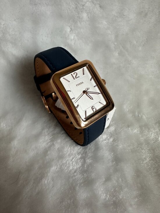 NWT! Fossil ES4158 Raquel Rectangular Watch With Navy Leather Strap In Rose Gold main image 5